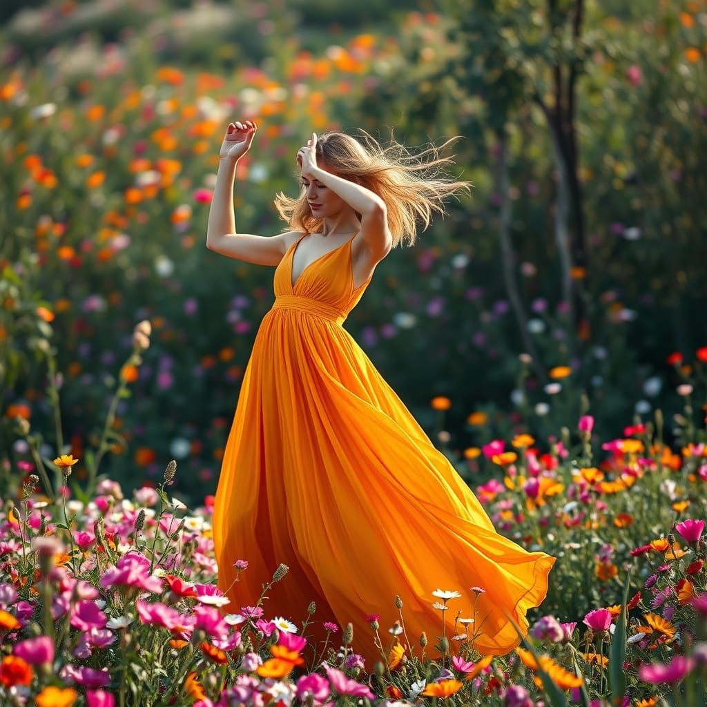 Woman Dancing in a Vibrant Flower Field