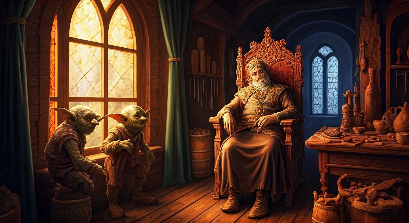 Goblins Observe Sleeping Merchant in Dark Fantasy Style