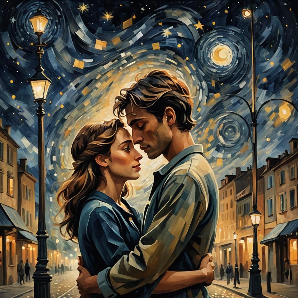 Couple Embracing Under Starry Sky in Cubist Style