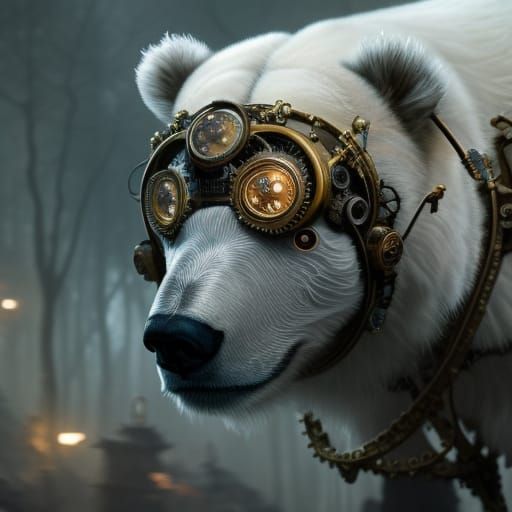 Steampunk Polar Bear in Abandoned City: Dark Fantasy Art