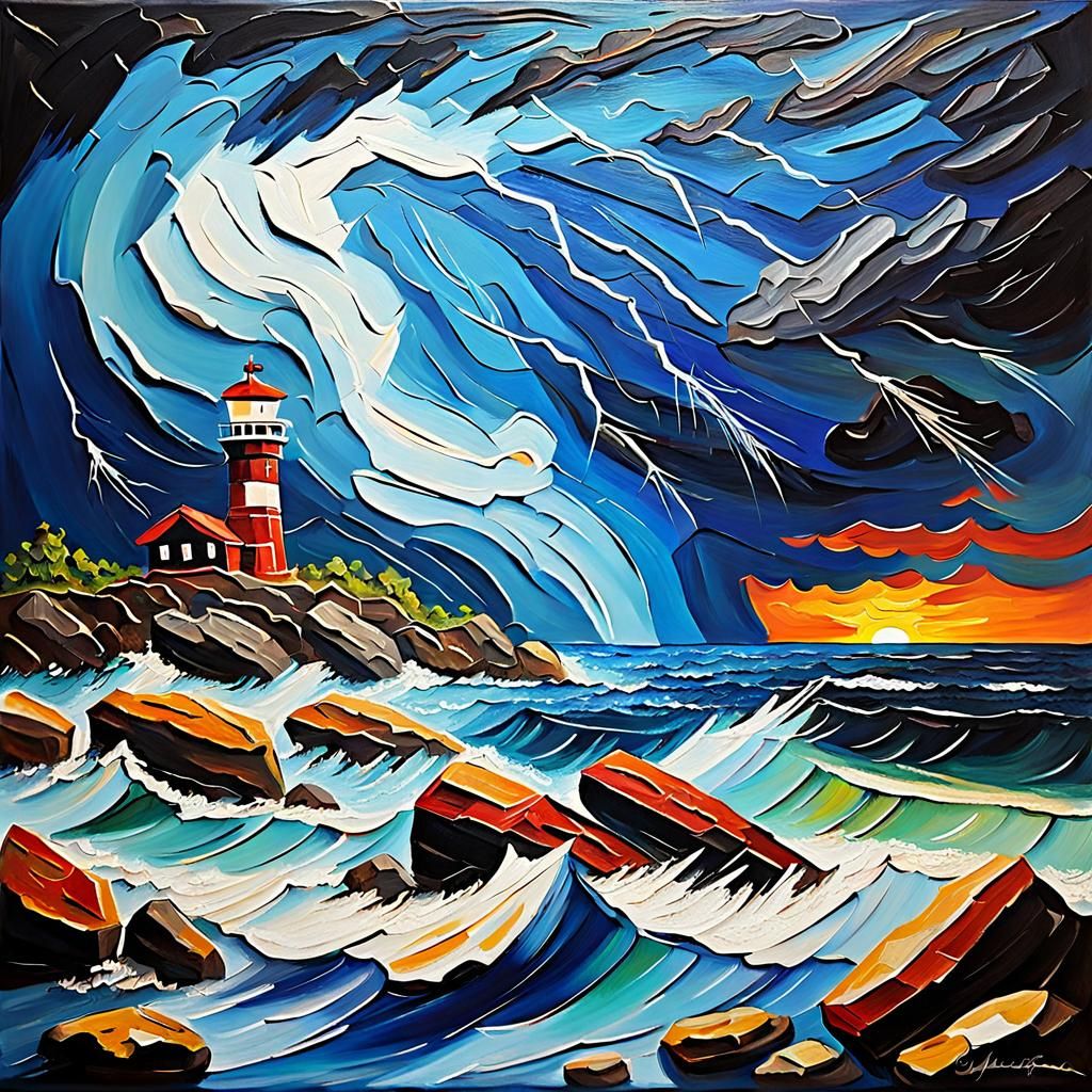 Dramatic Lightning Storm Sea Wreck in Impasto Style