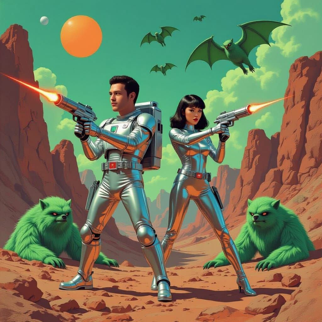 Sci-Fi Retro Art: Spaceship Crew Battles Giant Space Bats