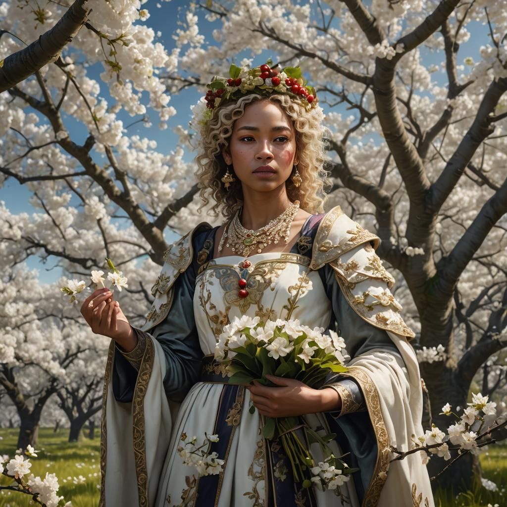 Cherry Crowned Woman in Blooming Orchard