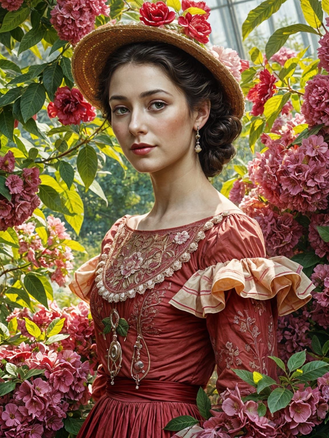 Victorian Lady in Ruby Garden, Impasto Portrait