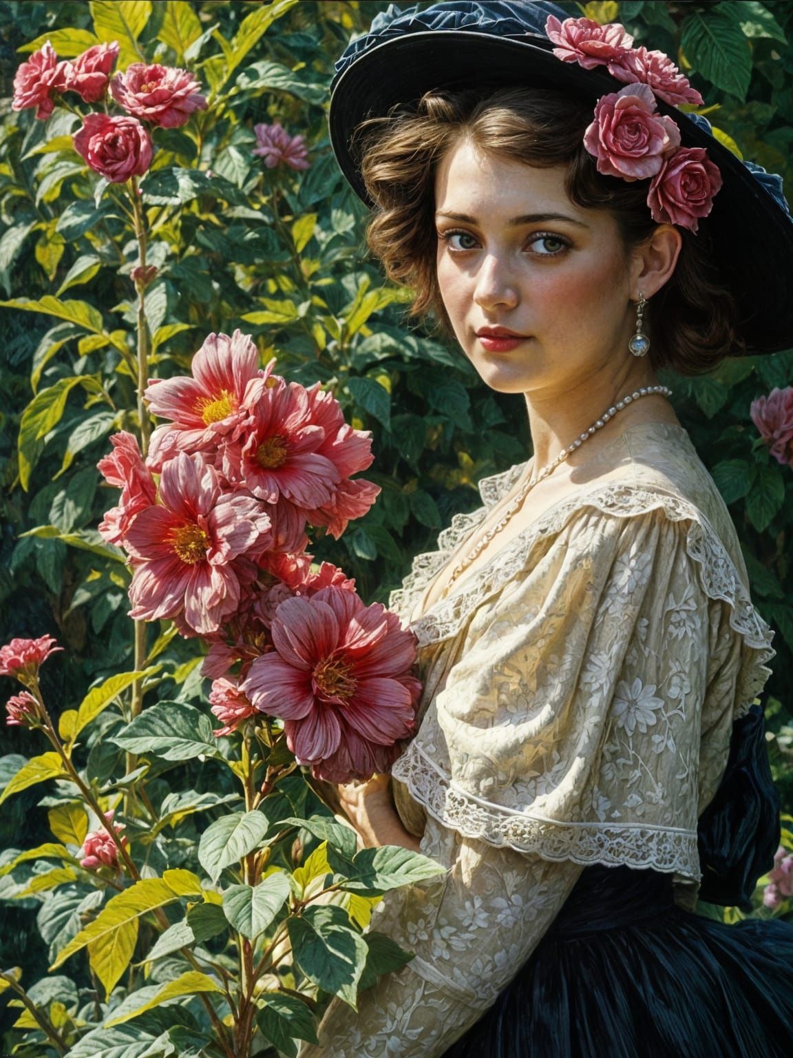 Victorian Lady in Garden with Ruby Malvae Blooms