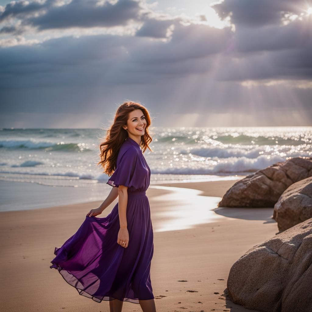 Auburn-Haired Beauty on the Beach at Sunset