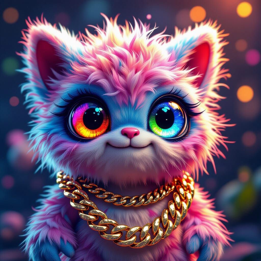 Colorful Fluffy Monster Portrait with Gold Chain