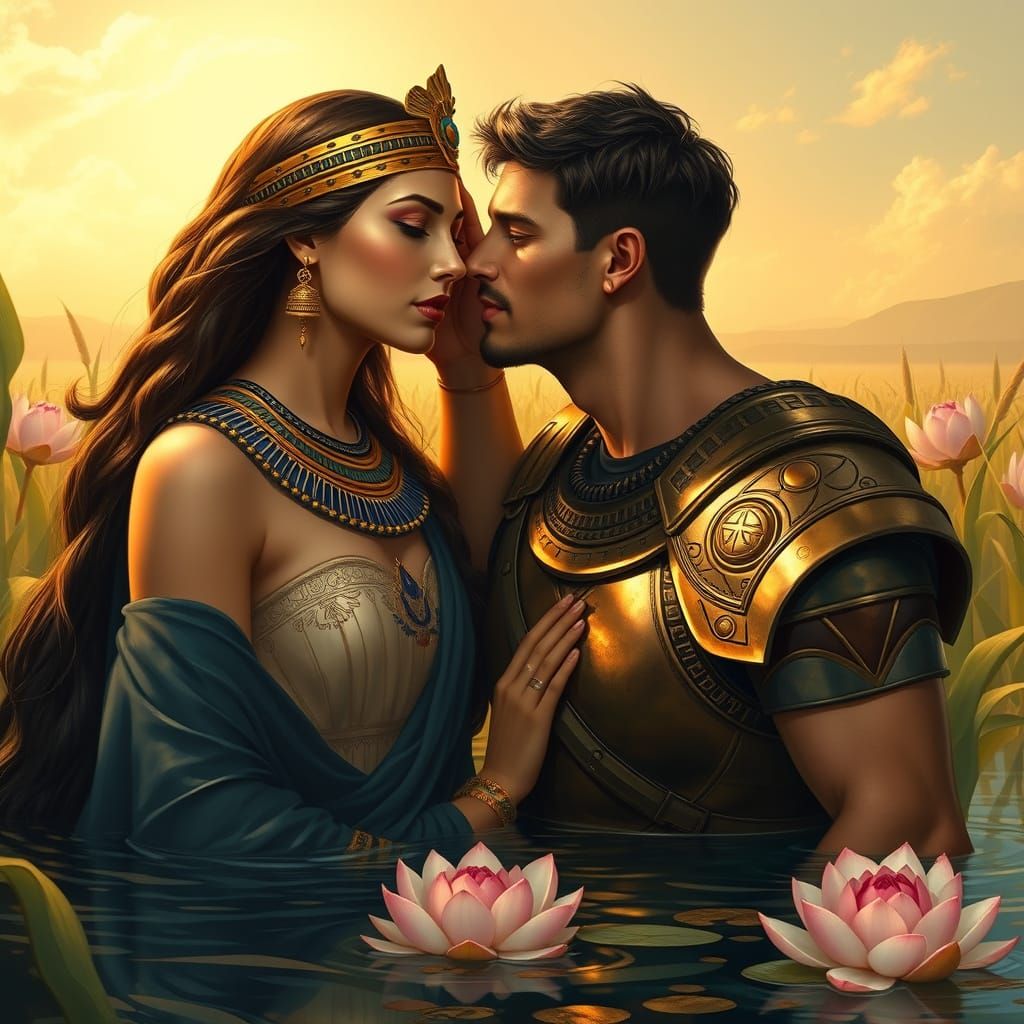 Egyptian Queen in Golden Nile Light with Roman Soldier