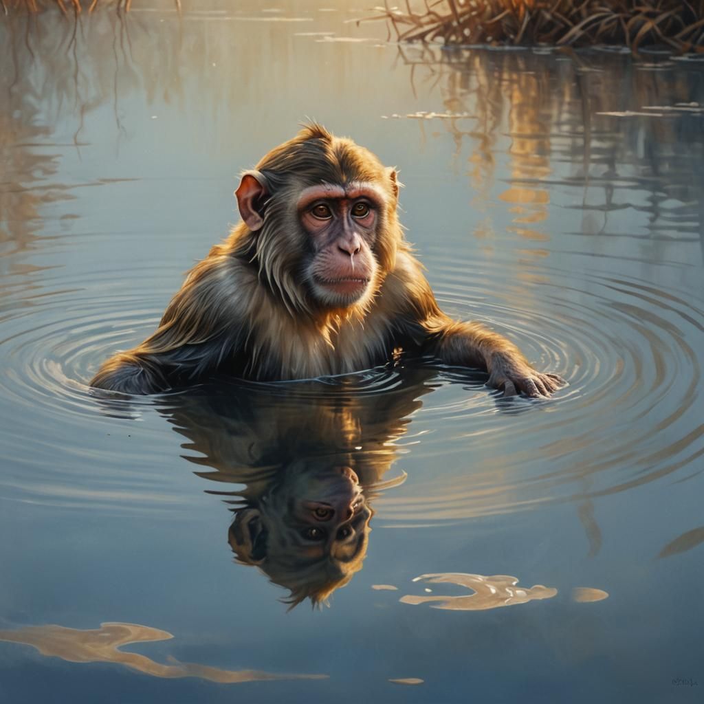 Monkey Swims in Cold Lake: Hyperrealistic Concept Art