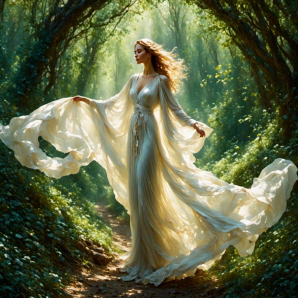 Ethereal Woman at Forest Portal in Watercolor Style