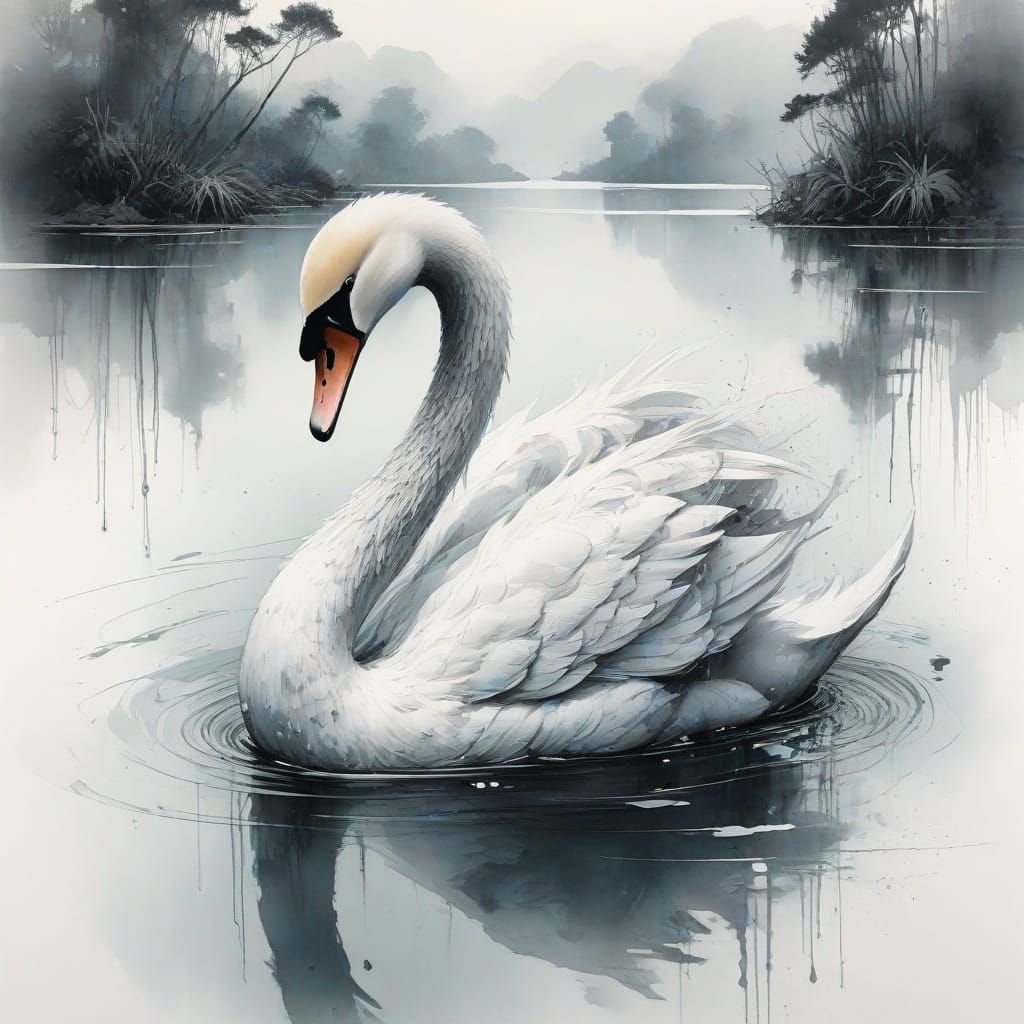 Stylized Watercolor Swan in Misty Lake