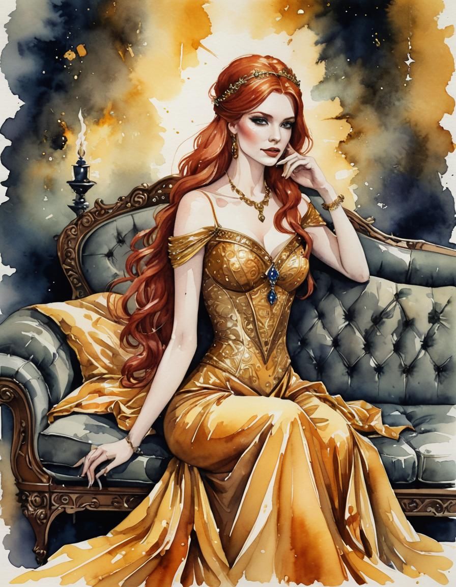 Redhead Sorceress Dreaming in Watercolor and Ink