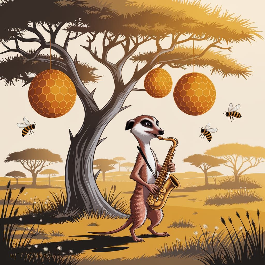 Meerkat Troubadour Plays Saxophone in Sunny Savannah