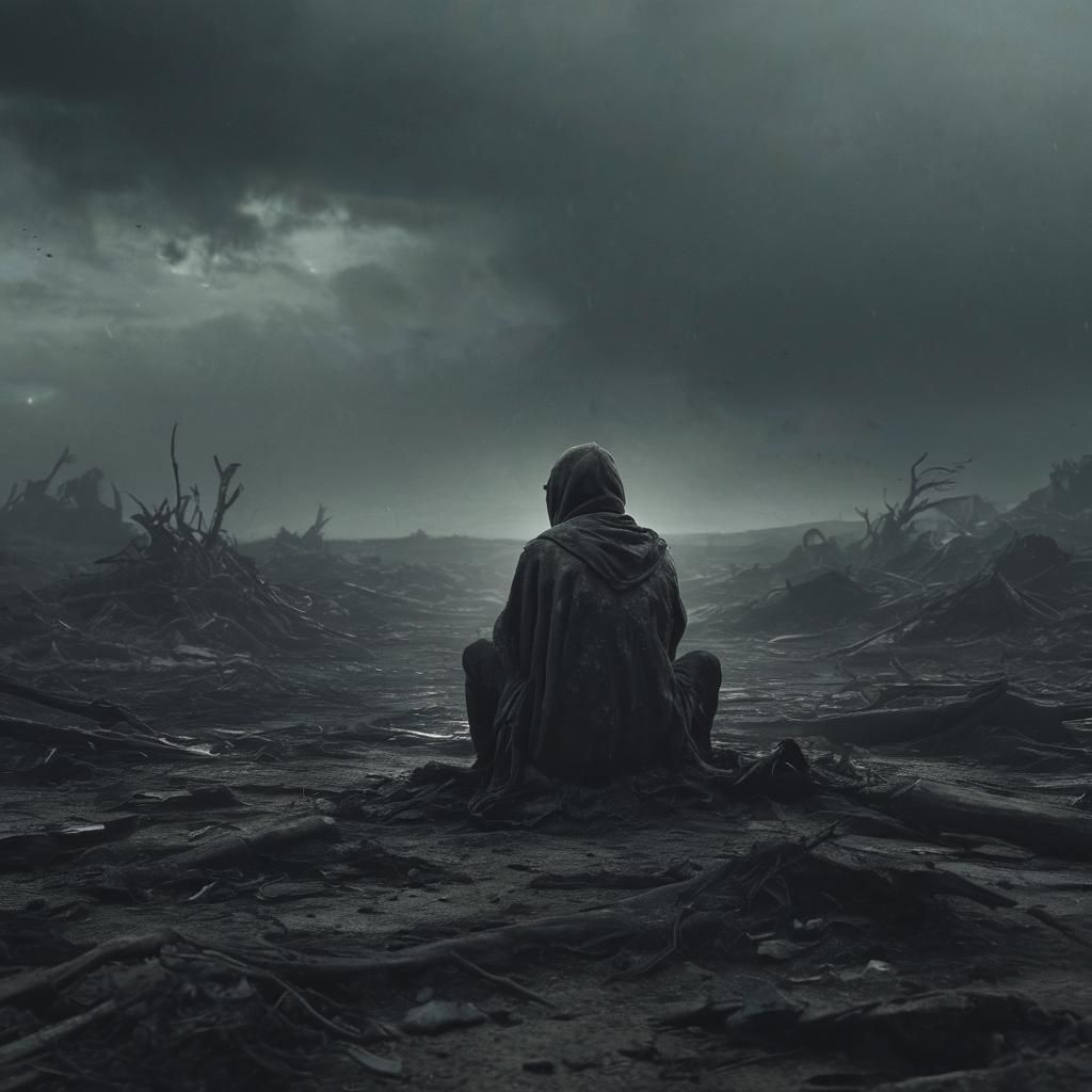 Desolate Figure in Ruined Landscape: Digital Art