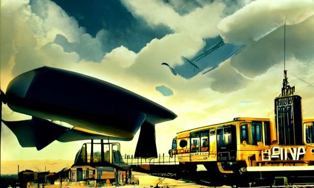 Blimp and Subway Train in Dystopian Cityscape