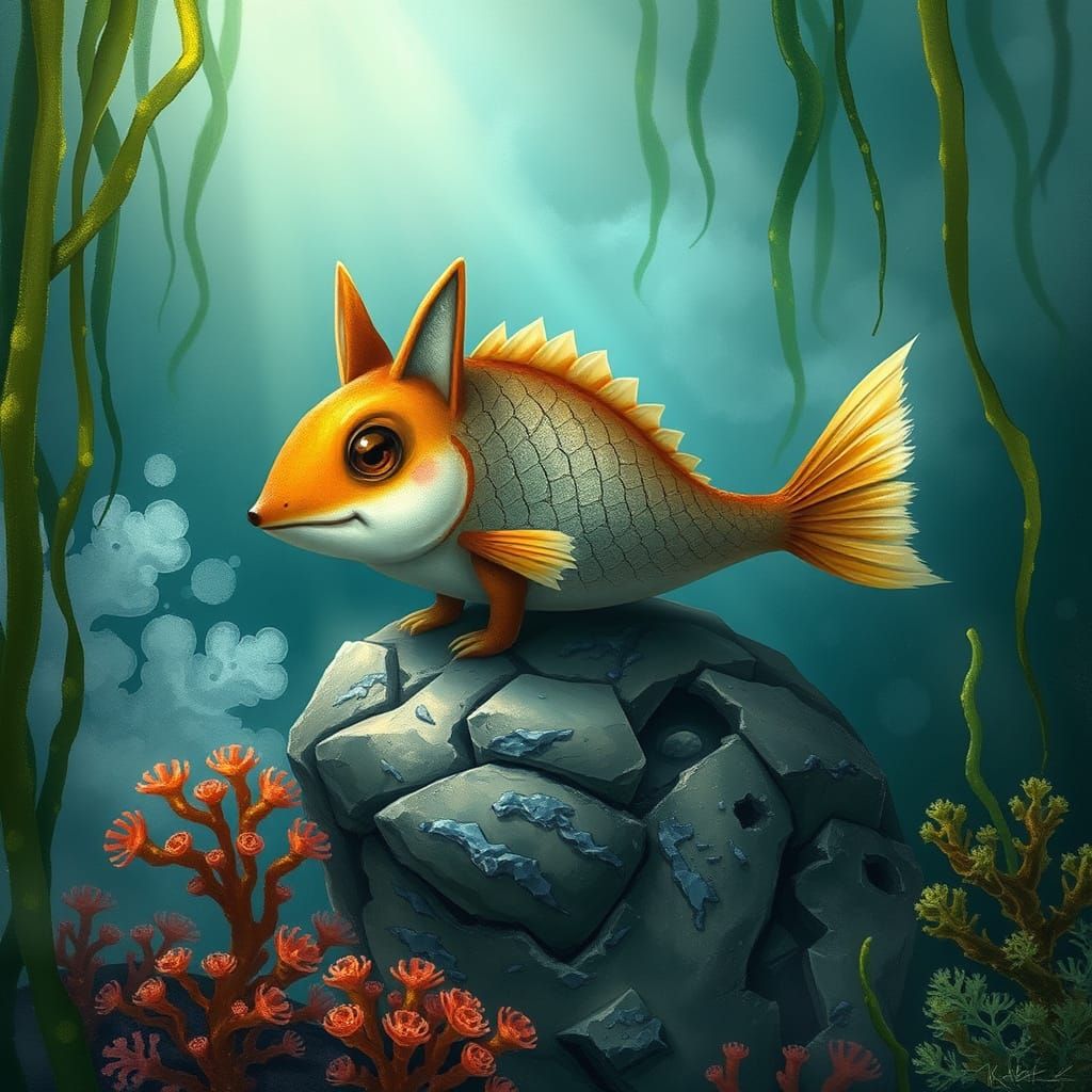 Whimsical Fish with Fox Features in Lush Aquatic Environment