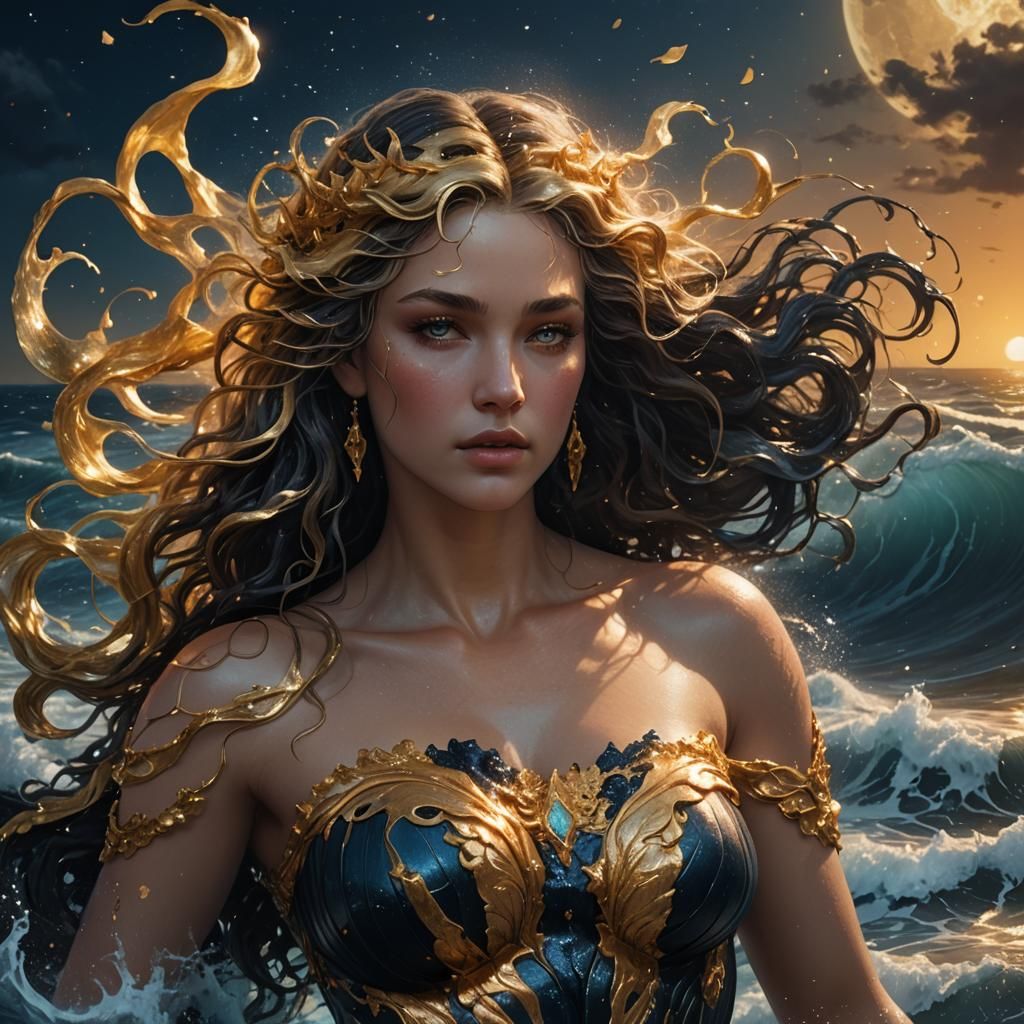 Aphrodite Rising: Oceanic Goddess in a Starry Night