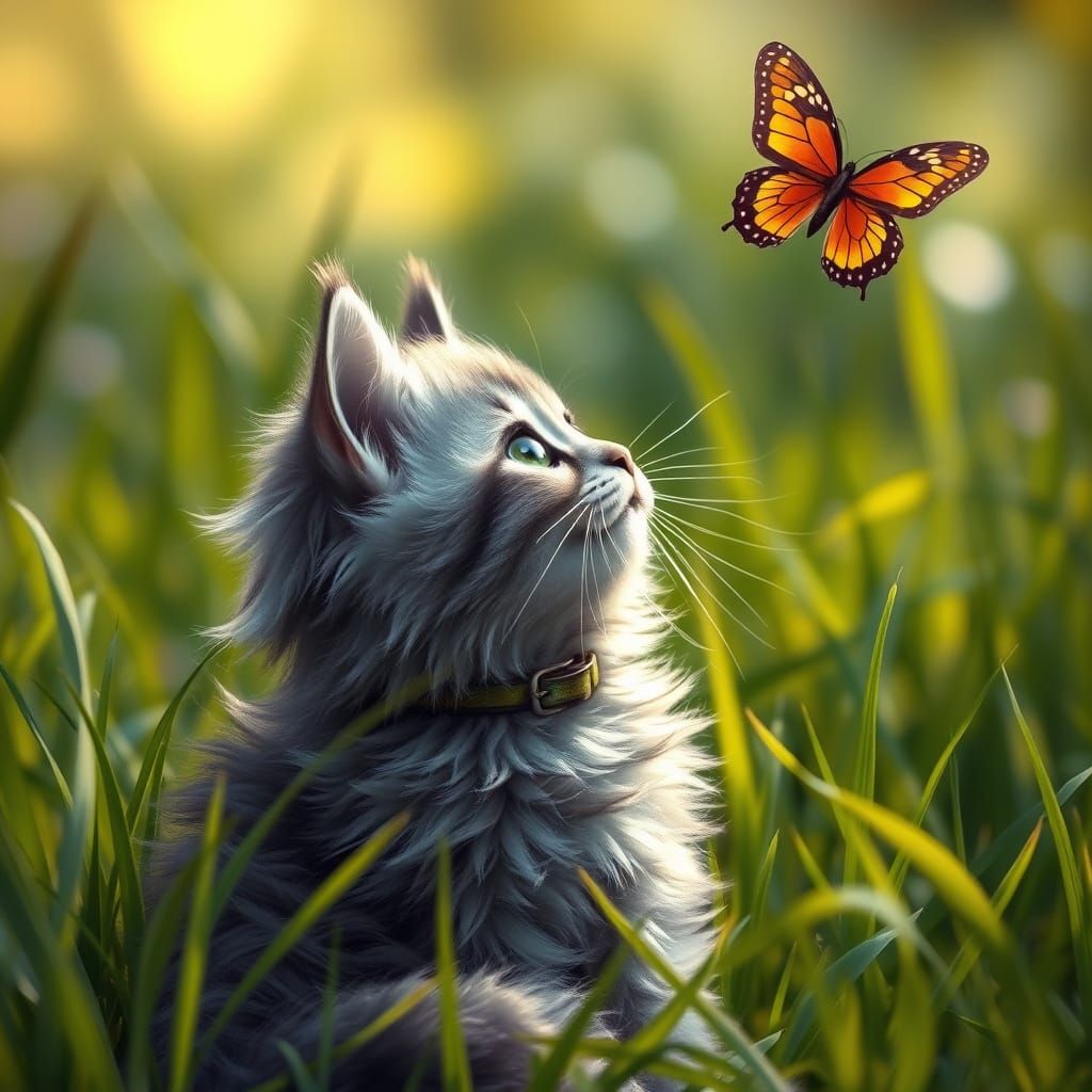 Grey Kitten Gazing at Butterfly in Dreamy Sunlight