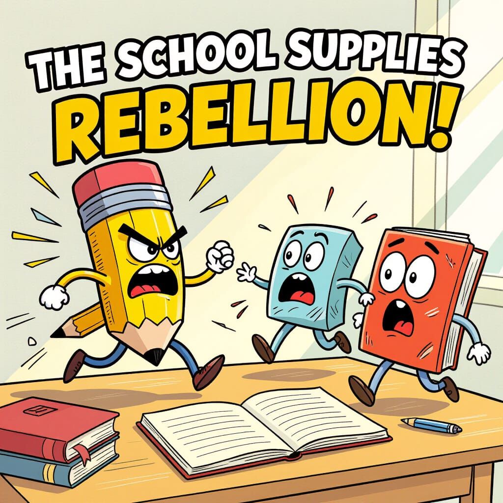 School Supplies Rebellion: Pencil Escapes Eraser on Study De...