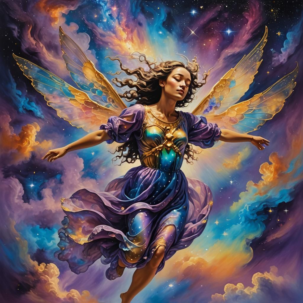 Interstellar Nymph Floating in Nebula: Surreal Oil Painting