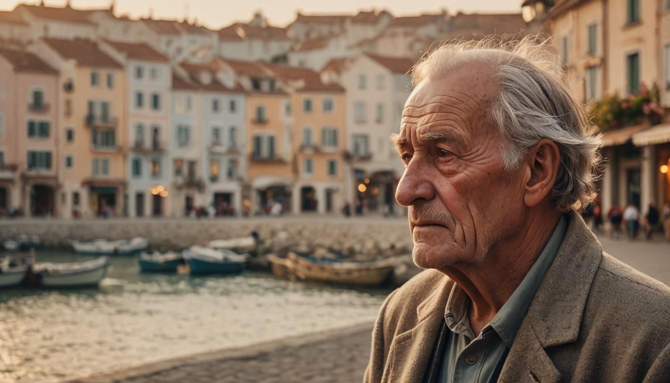 Cinematic Portrait of Old Man at Seaside
