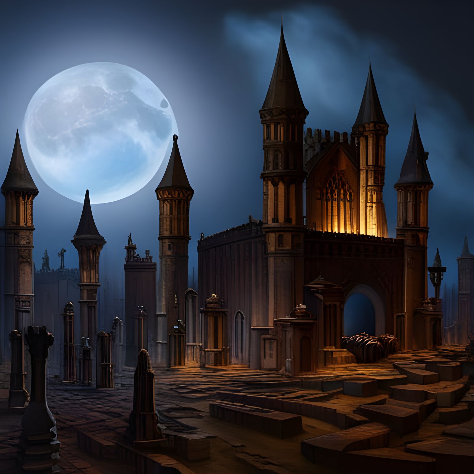 Gothic Castle Over Misty Graveyard Painting