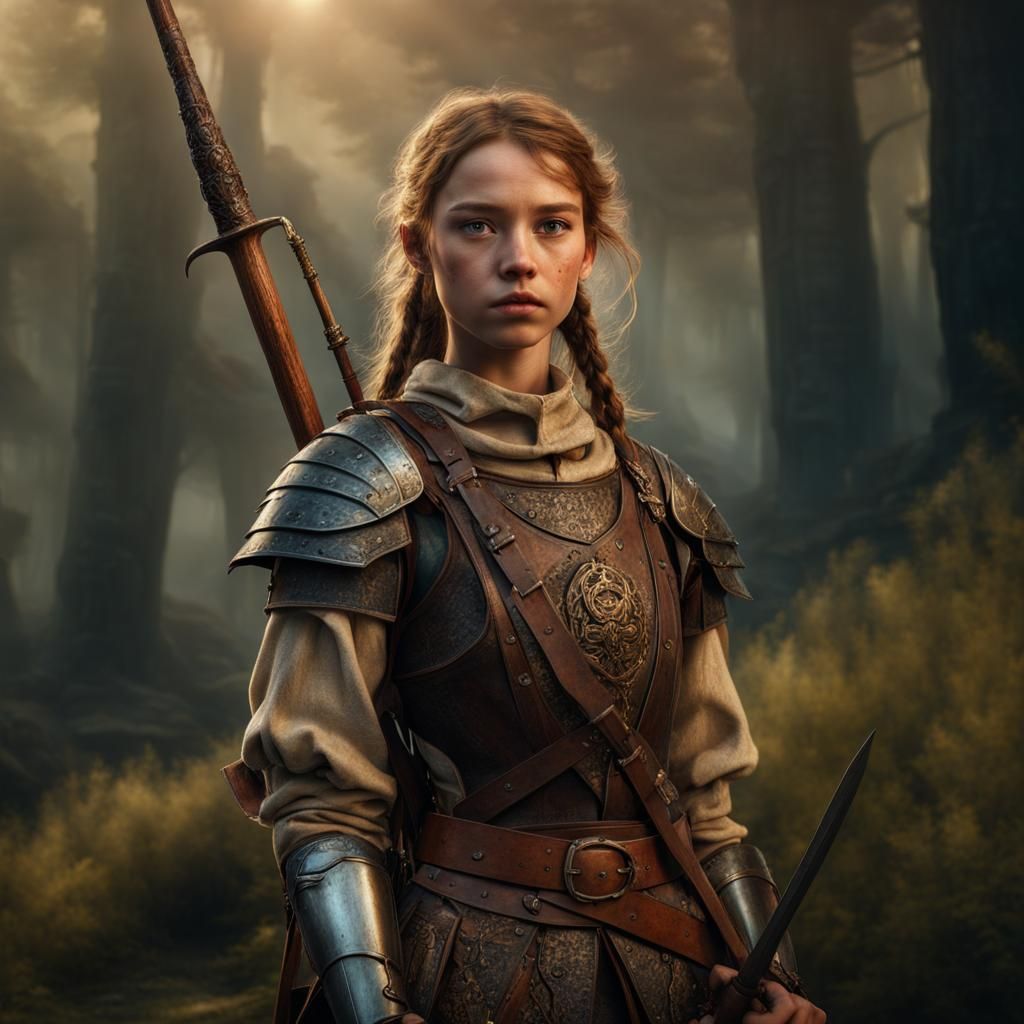 Young Peasant Girl in Armor with Spear