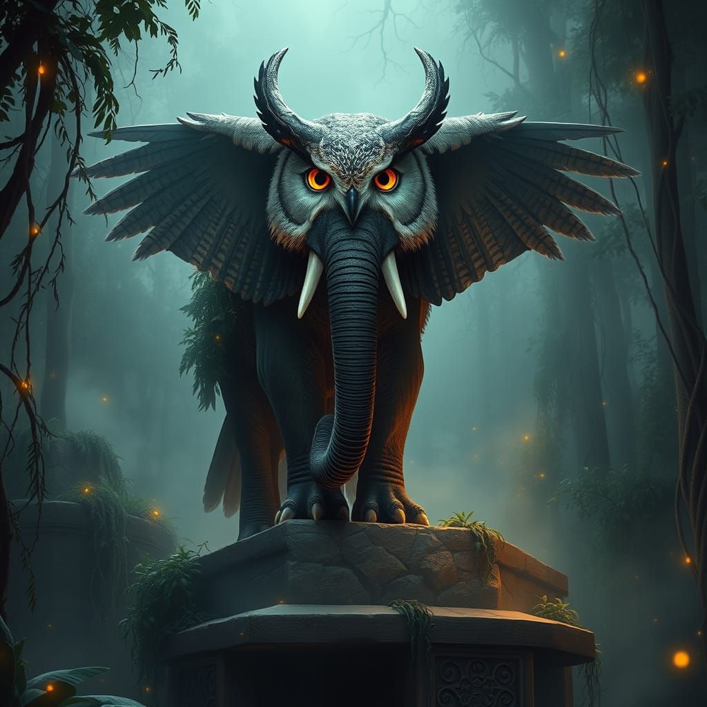 Realistic Elephant-Owl Hybrid in Mystical Jungle Setting