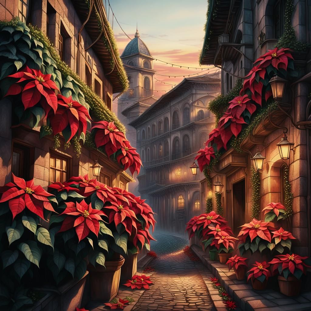 Whimsical Poinsettia Cityscape in Cinematic Urban Fantasy