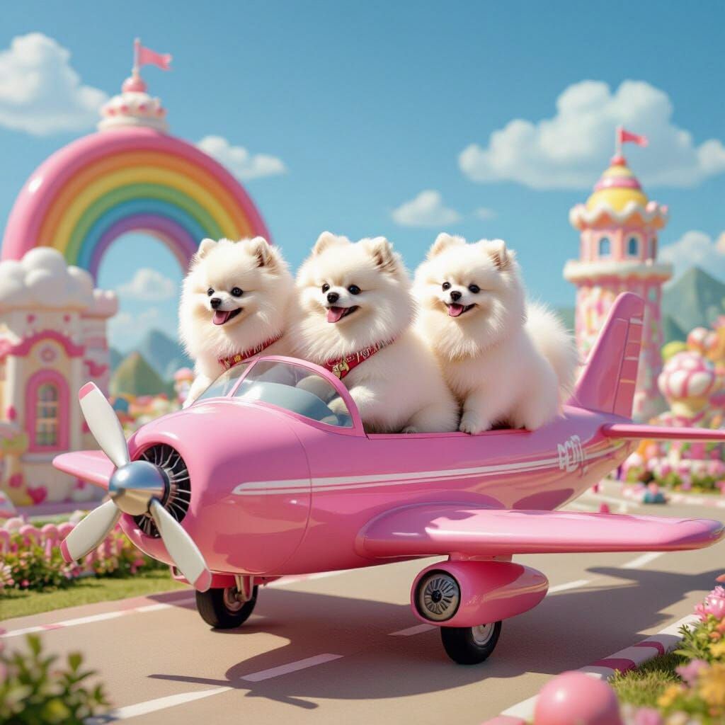 White Pomeranians Fly Pink Plane Over Candy Land Park