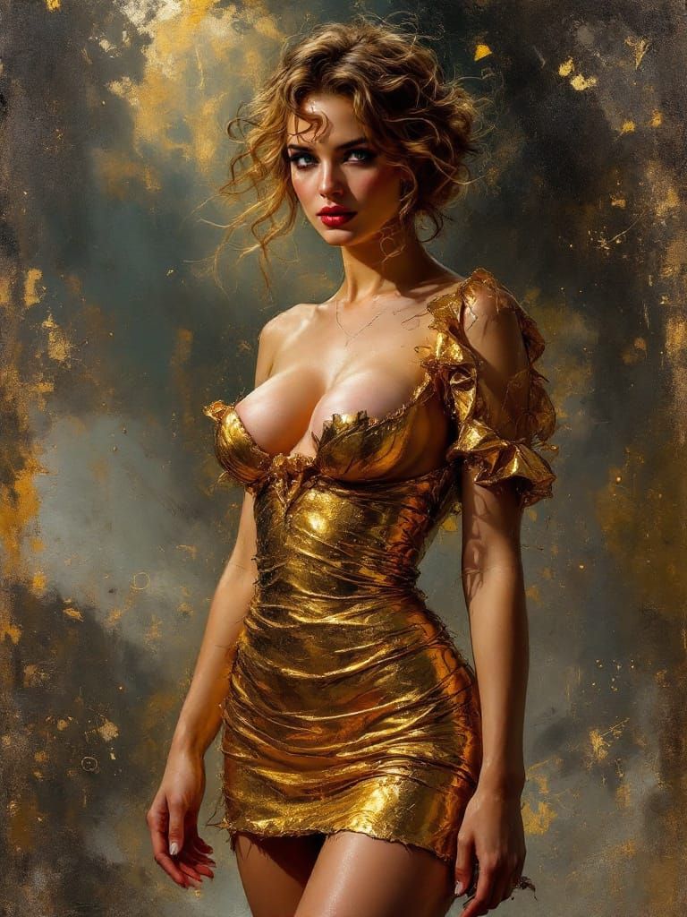 Romantic Era Pin-Up: Gold Dress in Dramatic Light
