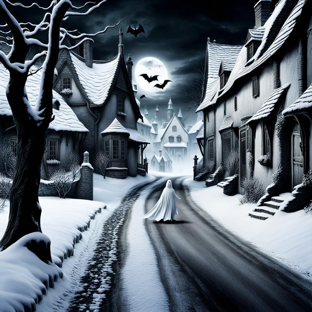 Haunted Ghostly Village with Bats in Fantasy Art