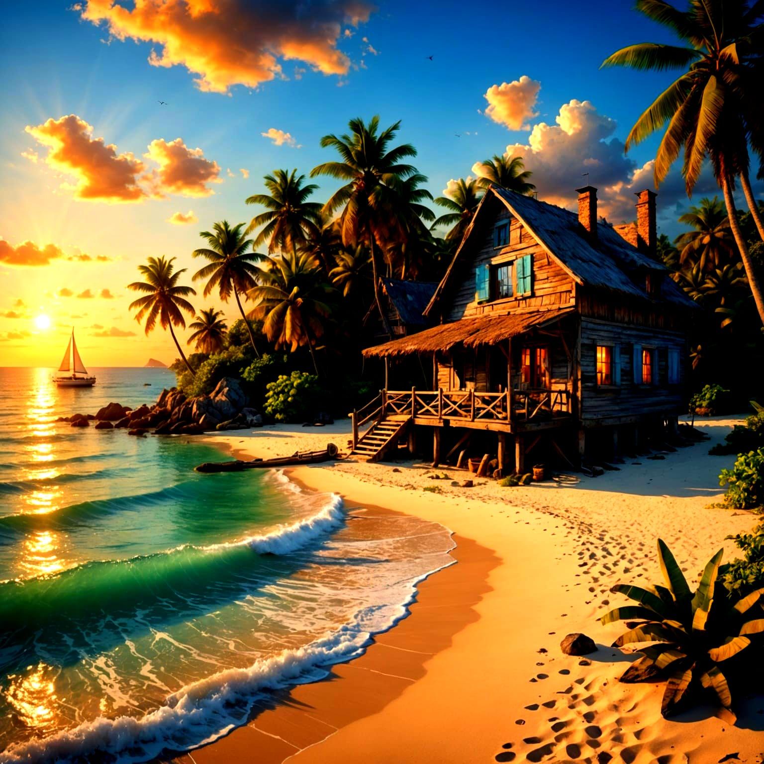 Surreal Tropical Cottage at Dazzling Sunset