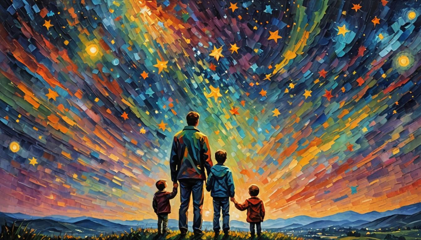 Father and Son Stargazing in Expressionist Oil Painting