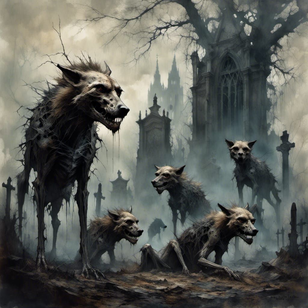 Skeletal Hyenas Roam Dark Cemetery in Hyperreal Style