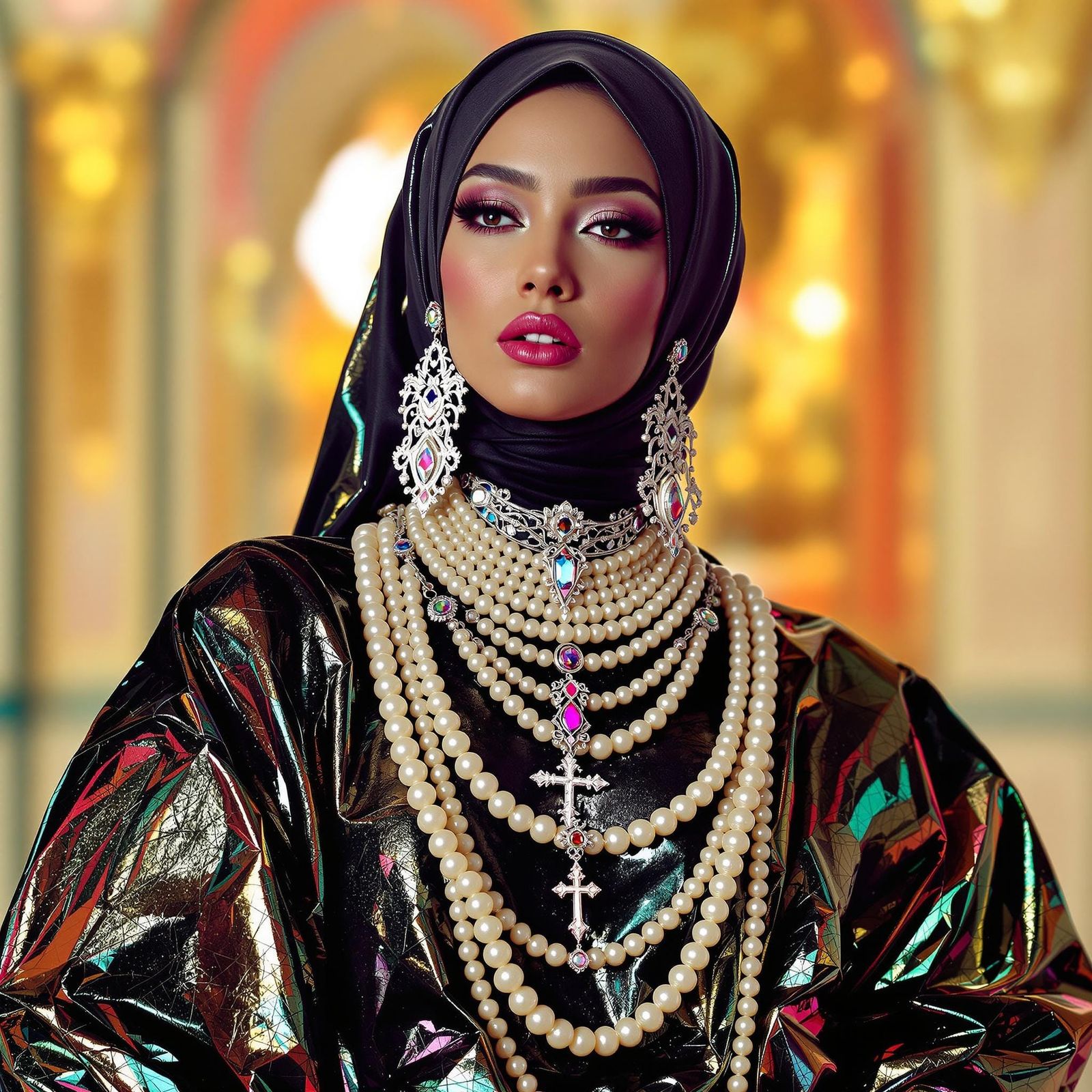 Futuristic Asian Woman in Jumpsuit with Pearl Body Chain