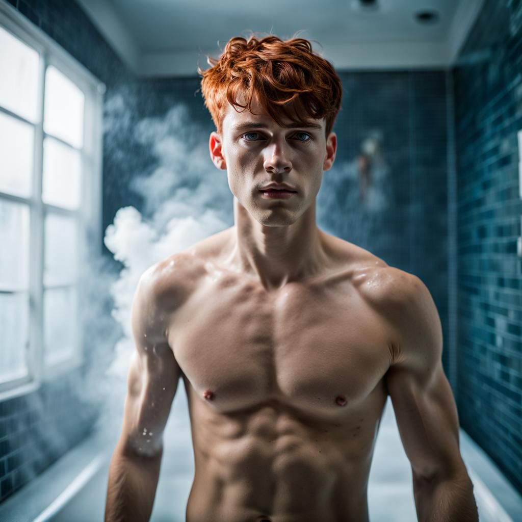 Hyperrealistic Photo of Redhead in Steamy Shower