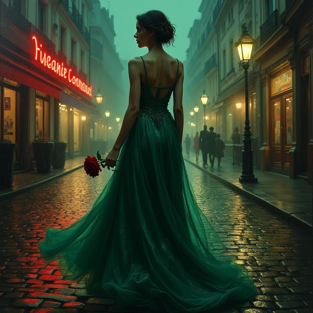 Melancholy Woman in Emerald Gown on Rainy Paris Street