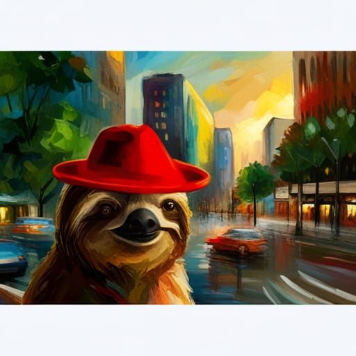 Sloth in Fez Hat Amidst Cityscape