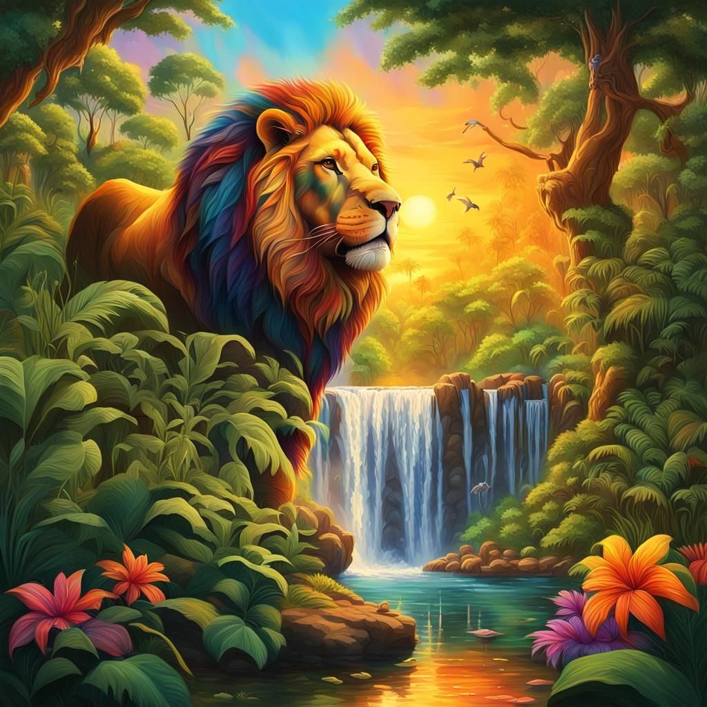 Vibrant Jungle Scene with Lion Face in Hyperrealism