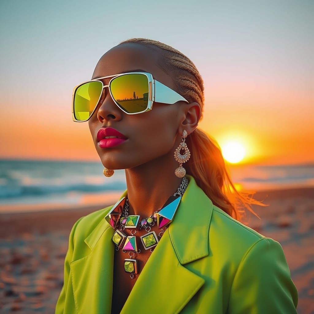 Futuristic Fashion Model on Beach at Sunset
