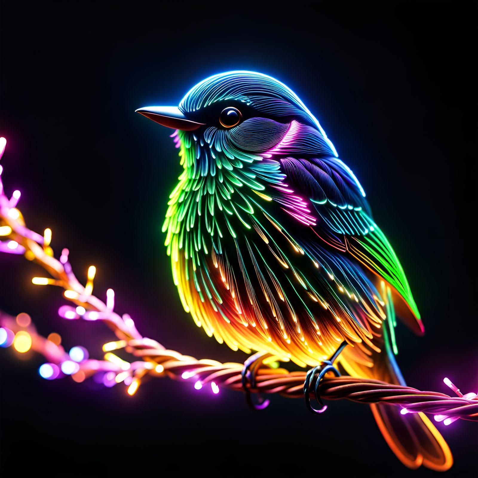 Neon LED Bird on Branch in Hyperrealistic Style