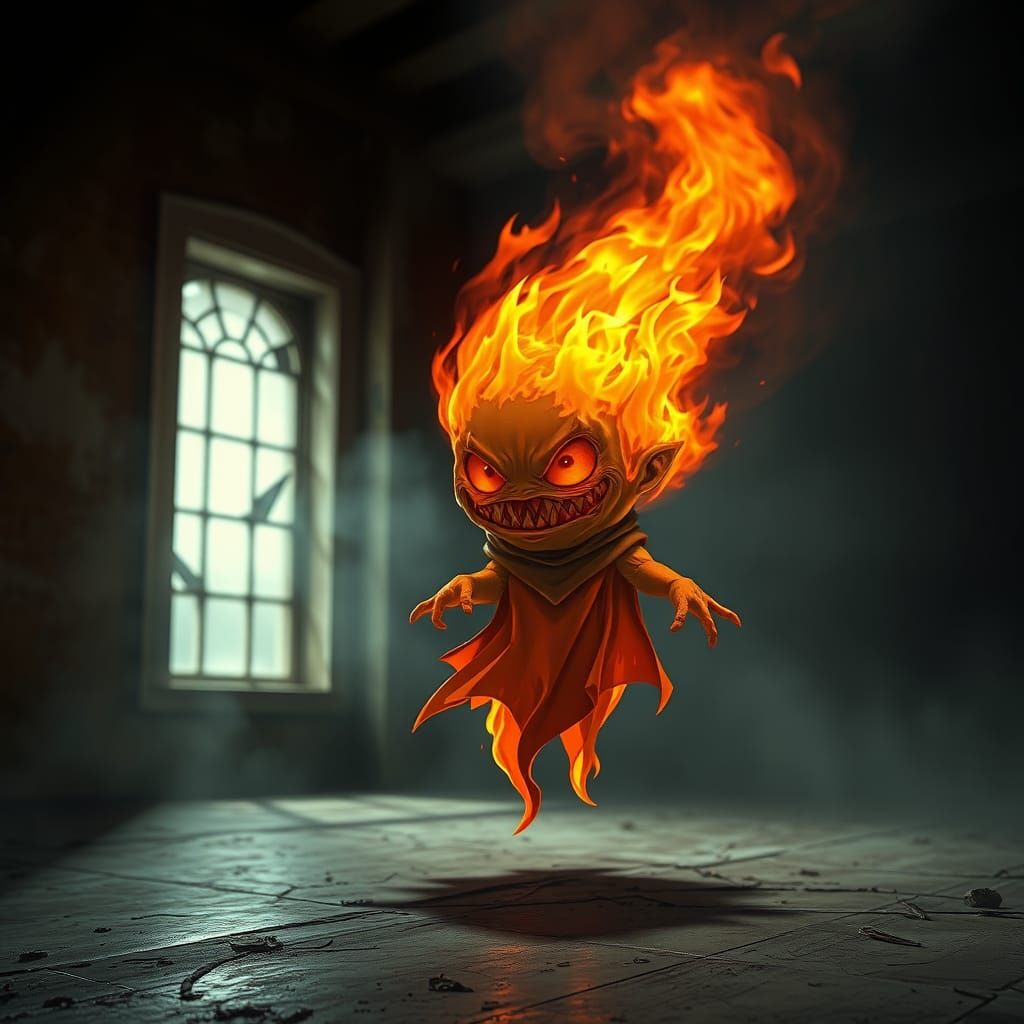 An eerie, captivating chibi styled render of a fiery ghostly entity engulfed in flames. The fire ghost, with its burning...
