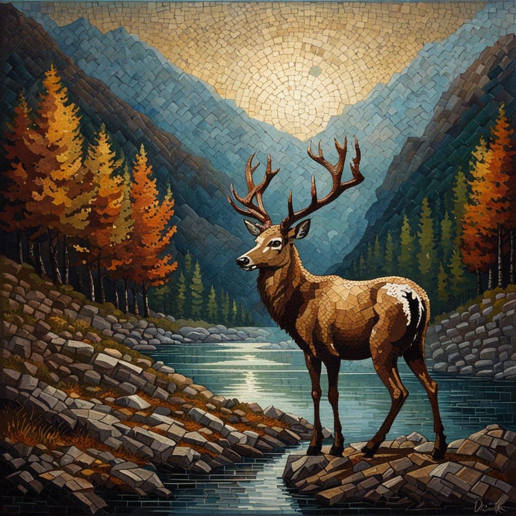 Majestic Deer Mosaic Tile Art in Mountain Landscape