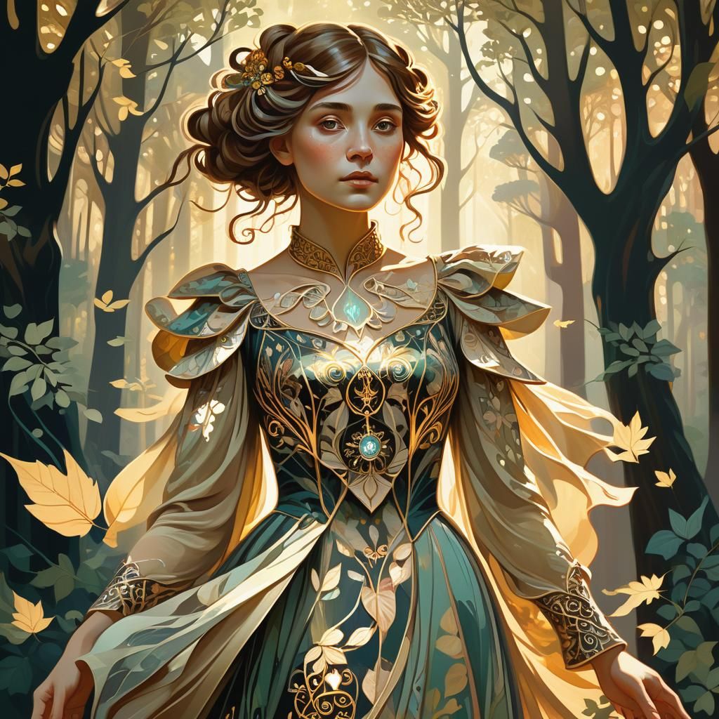 Renaissance Woman in Forest with Fractal Patterns
