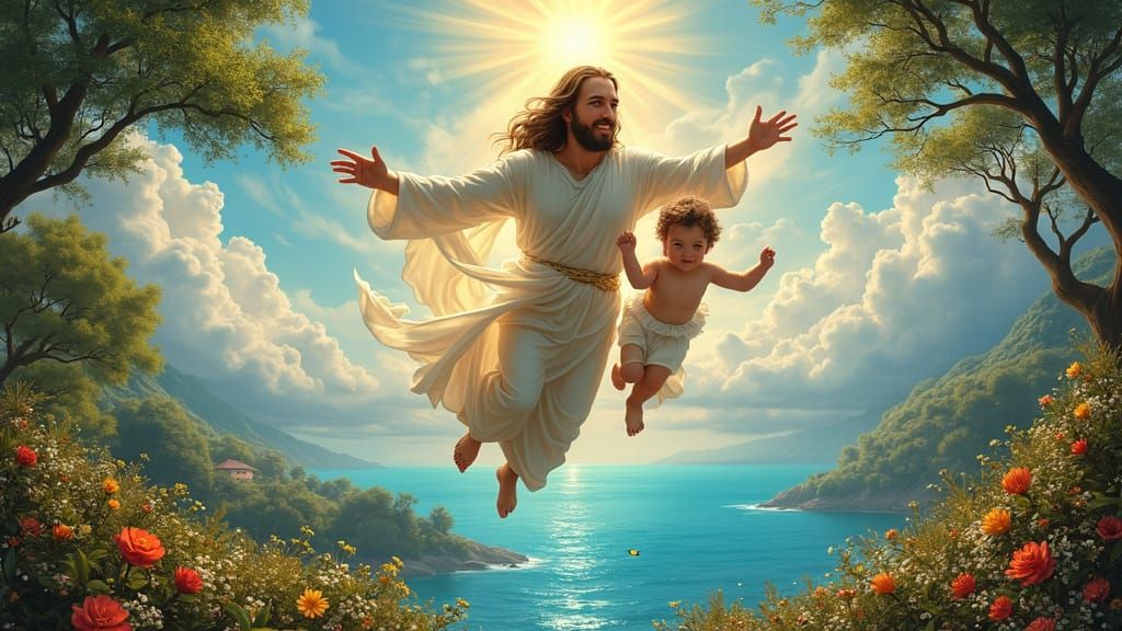 Heavenly Trio: Jesus, Mother, and Baby Soar in Joyful Unity