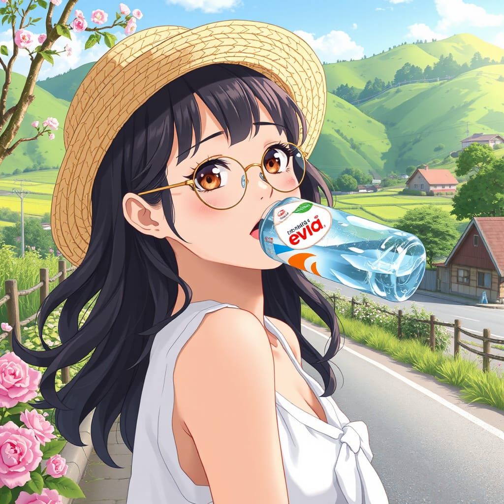 Anime Woman with Straw Hat in Summer