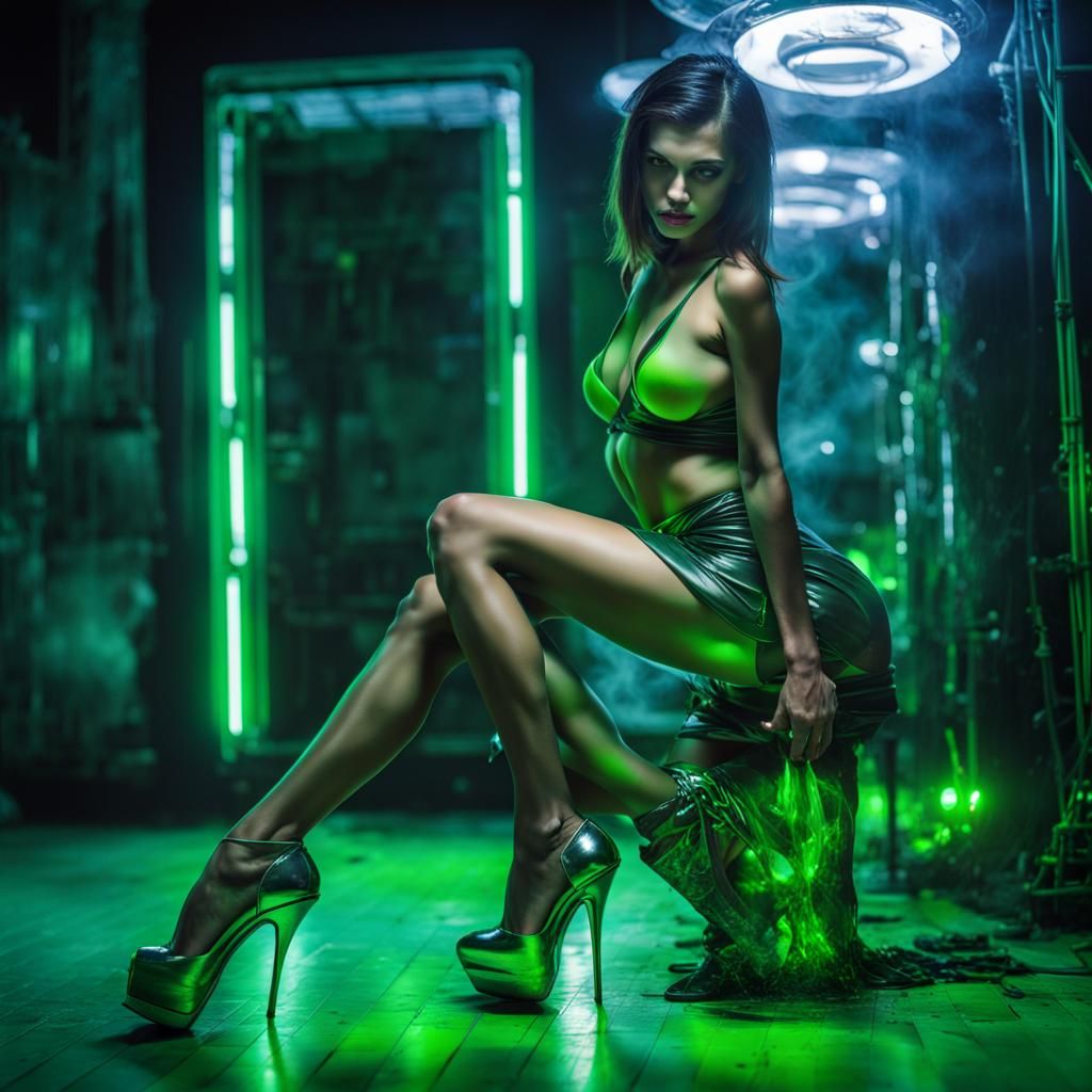 Model in Green Flame Techno Interior