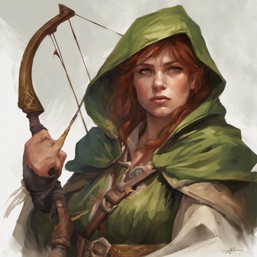 female dwarf, short auburn hair, serious expression, green c...