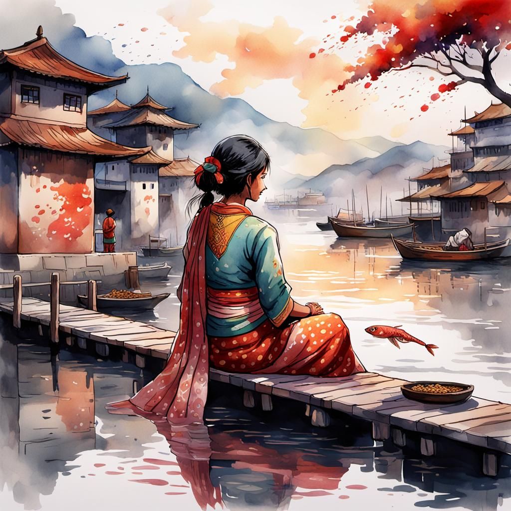 Indian Mother Collects Fish: Watercolor Anime Style
